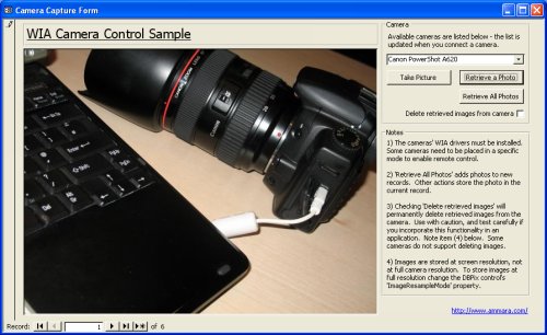 sample screenshot - Camera Control in Access with WIA